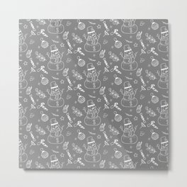 Grey and White Christmas Snowman Doodle Pattern Metal Print