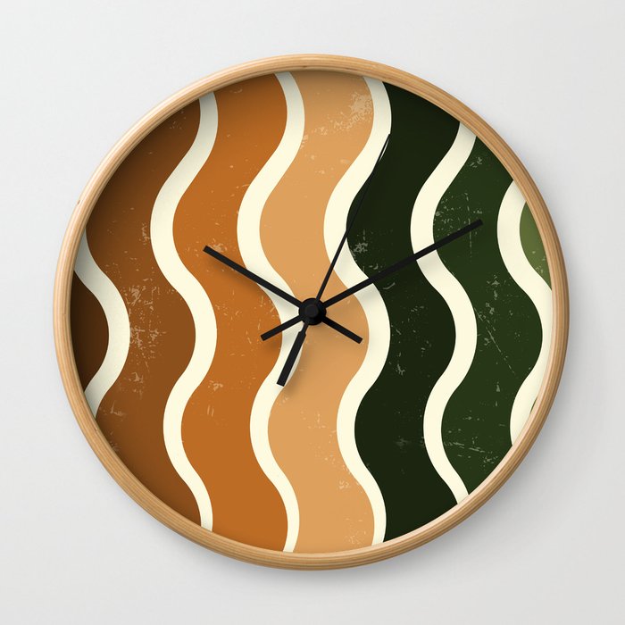 Mid Century Modern Style Wavy Pattern - Brown and Green Wall Clock