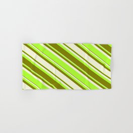[ Thumbnail: Beige, Light Green & Green Colored Striped/Lined Pattern Hand & Bath Towel ]