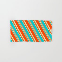 [ Thumbnail: Pale Goldenrod, Dark Turquoise, Brown, and Red Colored Lines/Stripes Pattern Hand & Bath Towel ]