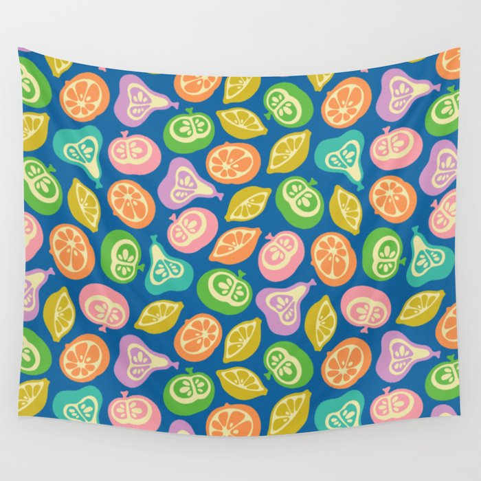 JUICY FRUITS FRESH RIPE FRUIT in BRIGHT SUMMER COLORS ON ROYAL BLUE Wall Tapestry