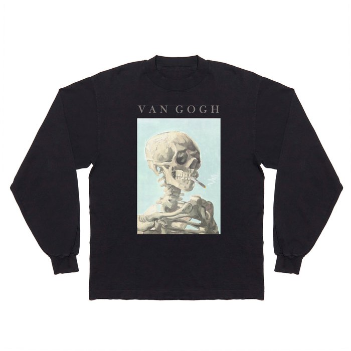 Vincent Van Gogh - Skull of a skeleton with burning cigarette (version with text & blue background) Long Sleeve T Shirt