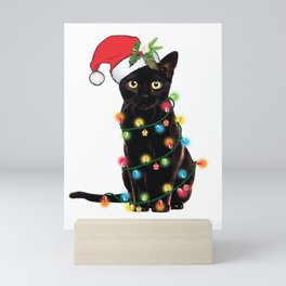 Santa Black Cat Tangled Up In Lights Christmas Santa Graphic Mini Art Print