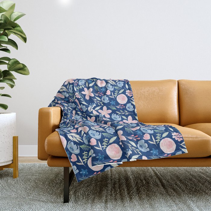 Blush Pink And Navy Blue Watercolor Throw Blanket
