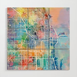 chicago map watercolor Wood Wall Art