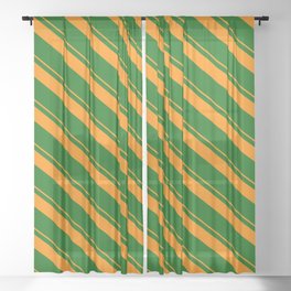 [ Thumbnail: Dark Orange & Dark Green Colored Lines Pattern Sheer Curtain ]