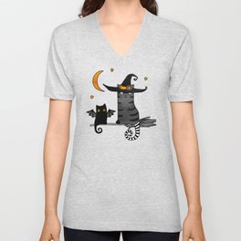 2 cats – Bat and Wizard on a broomstick for Halloween Unisex V-Neck