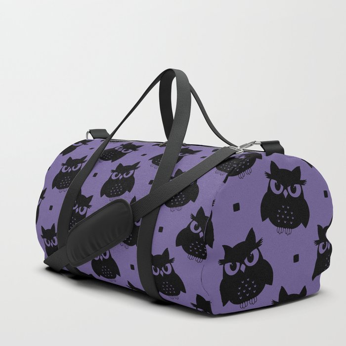 Black Cute Owl Seamless Pattern on Purple Background Duffle Bag