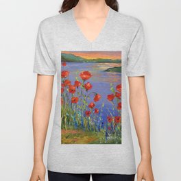Poppies by the river Unisex V-Neck