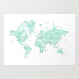 Light mint watercolor world map, detailed, "Desie" Art Print