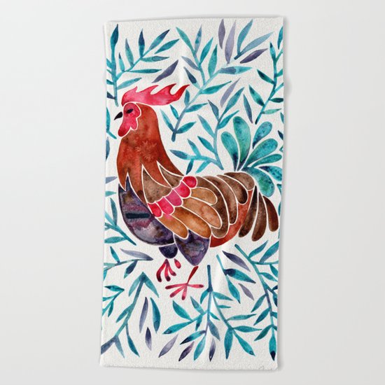 Le Coq – Watercolor Rooster with Turquoise Leaves Beach Towel
