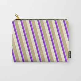 [ Thumbnail: Eye-catching Lime, Light Pink, Purple, Beige & Tan Colored Stripes Pattern Carry-All Pouch ]