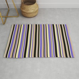 [ Thumbnail: Slate Blue, Pale Goldenrod, Black & Tan Colored Striped/Lined Pattern Rug ]