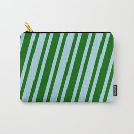 [ Thumbnail: Light Blue & Dark Green Colored Stripes Pattern Carry-All Pouch ]