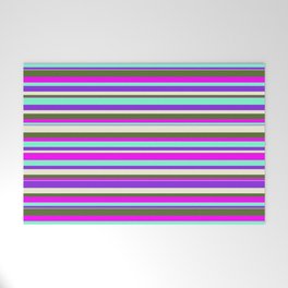 [ Thumbnail: Vibrant Aquamarine, Purple, Beige, Dark Olive Green & Fuchsia Colored Stripes Pattern Welcome Mat ]