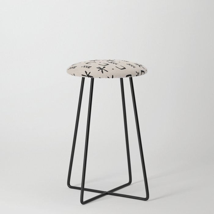 Organic Hieroglyph Abstract Pattern in Black and Almond Cream Counter Stool