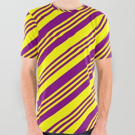 [ Thumbnail: Purple and Yellow Colored Lined Pattern All Over Graphic Tee ]