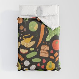 Seamless pattern with dietary food, wholesome grocery products, natural organic fruits, berries and vegetables on black background. Hand drawn realistic vintage illustration Duvet Cover