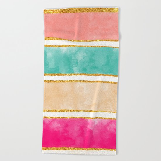 Modern Stripes Pink Red Watercolor Gold Glitter Beach Towel