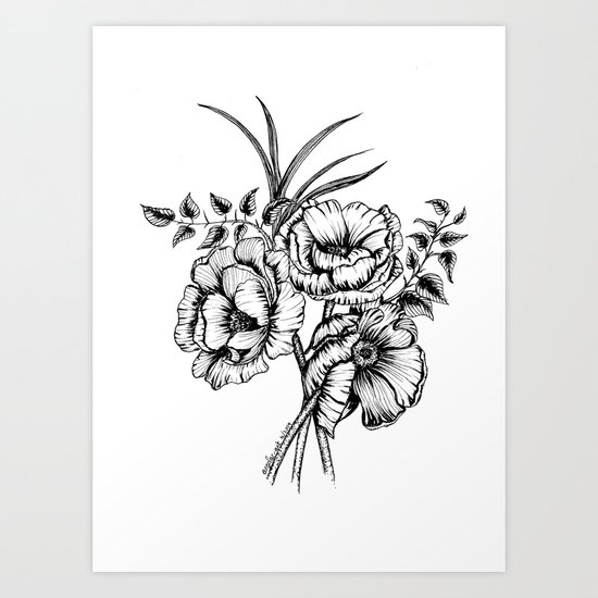 Flower Bouquet In Black And White Floral Line Drawing Pen And Ink Anemone Flowers Line Art Flor Art Print By Arcflorals Society6
