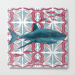 Great white shark swimming on a pink and cool blue patterned background Metal Print