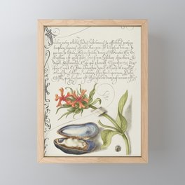 Oyster and flowers vintage calligraphic art Framed Mini Art Print