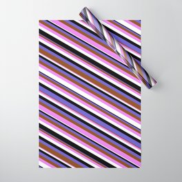 [ Thumbnail: Eye-catching Slate Blue, Brown, Violet, White & Black Colored Pattern of Stripes Wrapping Paper ]