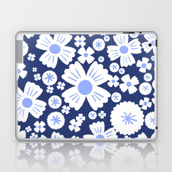 Retro Light Denim and Navy Daisy Flowers Laptop & iPad Skin