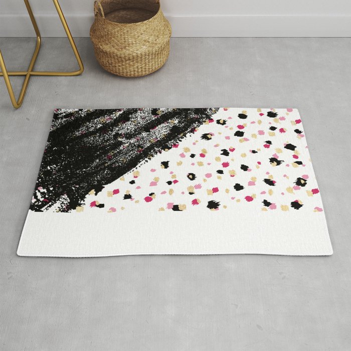 Pink, Black, & Faux Gold Paint Dots & Brushstrokes Rug