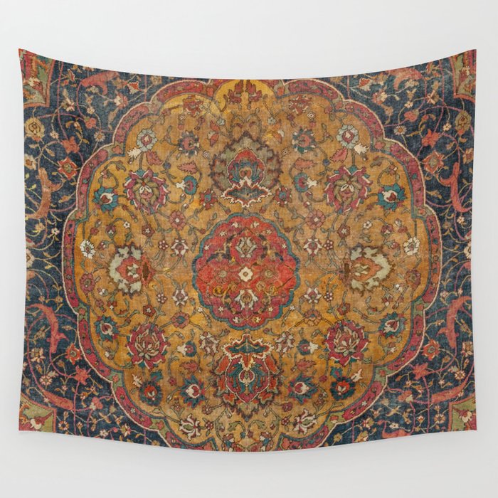 Persian Medallion Rug VI // 16th Century Distressed Red Green Blue Flowery Colorful Ornate Pattern Wall Tapestry