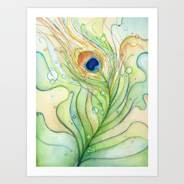 Peacock Feather Green Texture and Bubbles Art Print