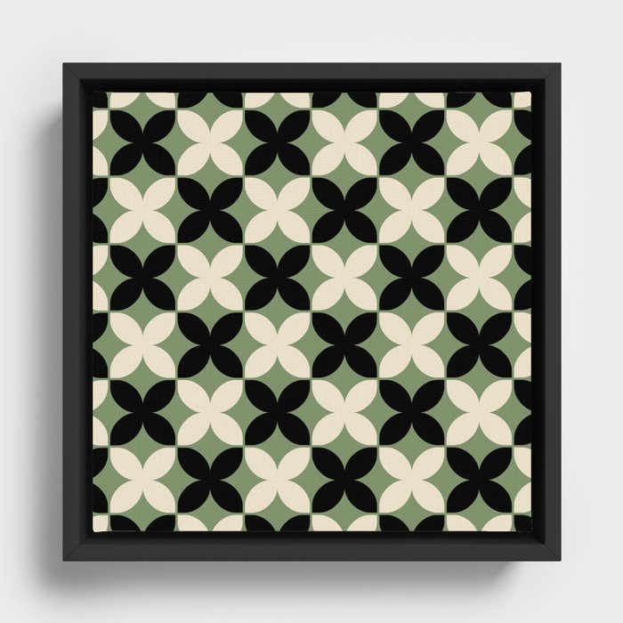 Geometric Flower Pattern 933 Sage Green Black and Beige Framed Canvas