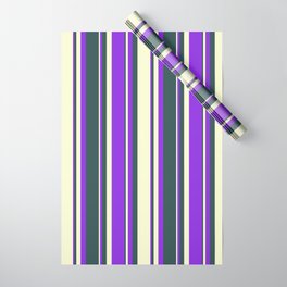 [ Thumbnail: Dark Slate Gray, Light Yellow, and Purple Colored Lines/Stripes Pattern Wrapping Paper ]
