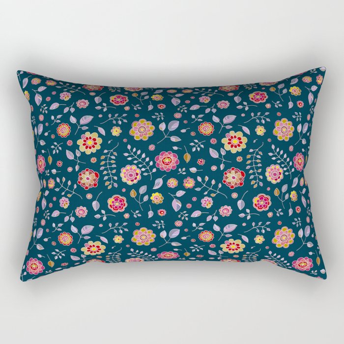 Teal and Brights Flower Pattern Design Rectangular Pillow