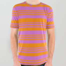 [ Thumbnail: Dark Orange and Orchid Colored Lines Pattern All Over Graphic Tee ]