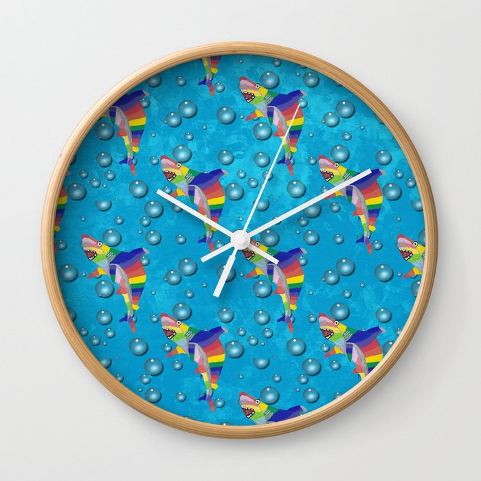 Colorful Shark with Bubbles on a Light Blue Background Wall Clock