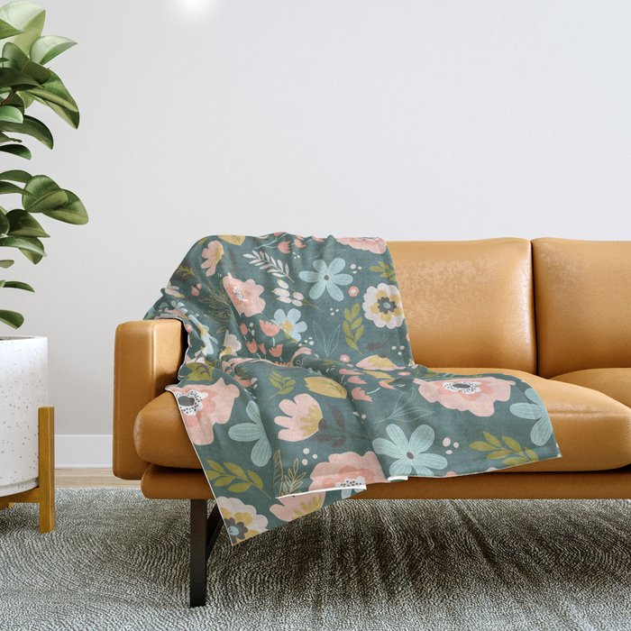 Wildflowers All Over - Teal Throw Blanket