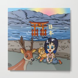 Kawaii girl on Miyajima Island Japan Metal Print | Painting, Toriigate, Girl, Japanese, Anime, Manga, Japan, Lanterns, Cat, Kanji 