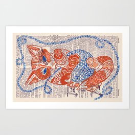 Mr. Fox  (Orange tabby cat with a blue ball of yarn on dictionary page) Art Print