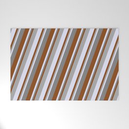 [ Thumbnail: Brown, Dark Gray, Lavender & Grey Colored Stripes Pattern Welcome Mat ]