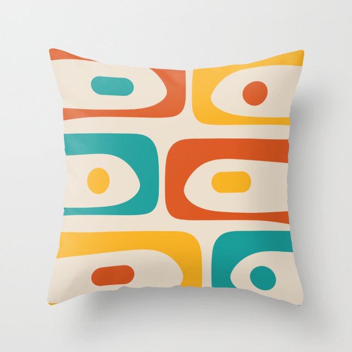 Mid Century Modern Piquet Abstract Pattern in Orange, Mustard Yellow, Turquoise Teal, and Cream Throw Pillow