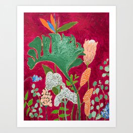 Magenta Jungle Painting, Monstera, Birds of Paradise Floral on Pink Jewel Tone Art Print | Modernfloral, Jungle, Floral, Fuchsia, Painting, Monstera, Magenta, Winterfloral, Weeds, Leaf 
