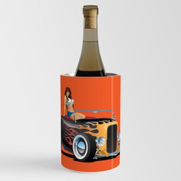 Custom Hot Rod Roadster Car with Flames and Sexy Woman Wine Chiller