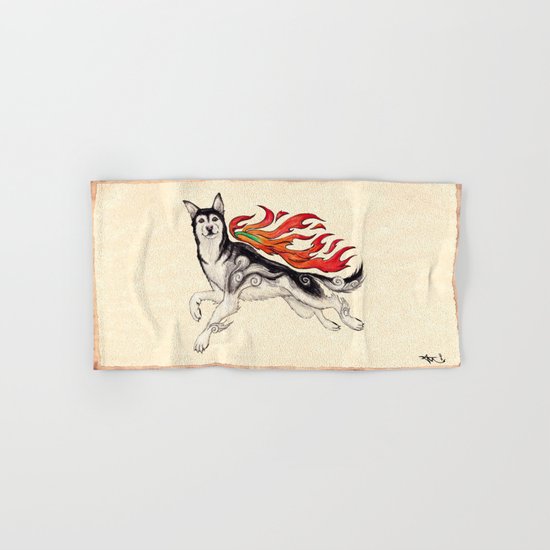 Marukomu Inukami ~ Ōkami inspired husky dog, watercolor & ink, 2015 Hand & Bath Towel