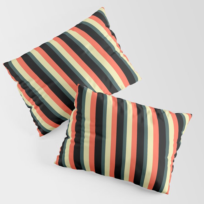 Red, Pale Goldenrod, Dark Slate Gray, and Black Colored Lines Pattern Pillow Sham
