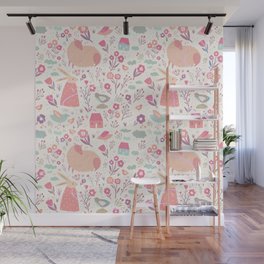 Abstract Girly Pink Coral Hand Painted Easter Rabbit Floral Wall Mural