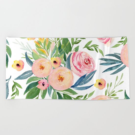 Elegant Roses Coral Pink + Green Beach Towel