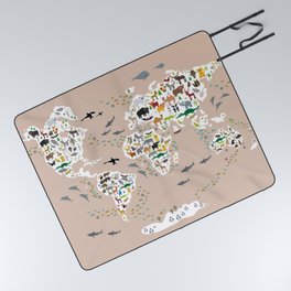 Cartoon world map for children, kids, Animals from all over the world, back to school, rosybrown Picnic Blanket