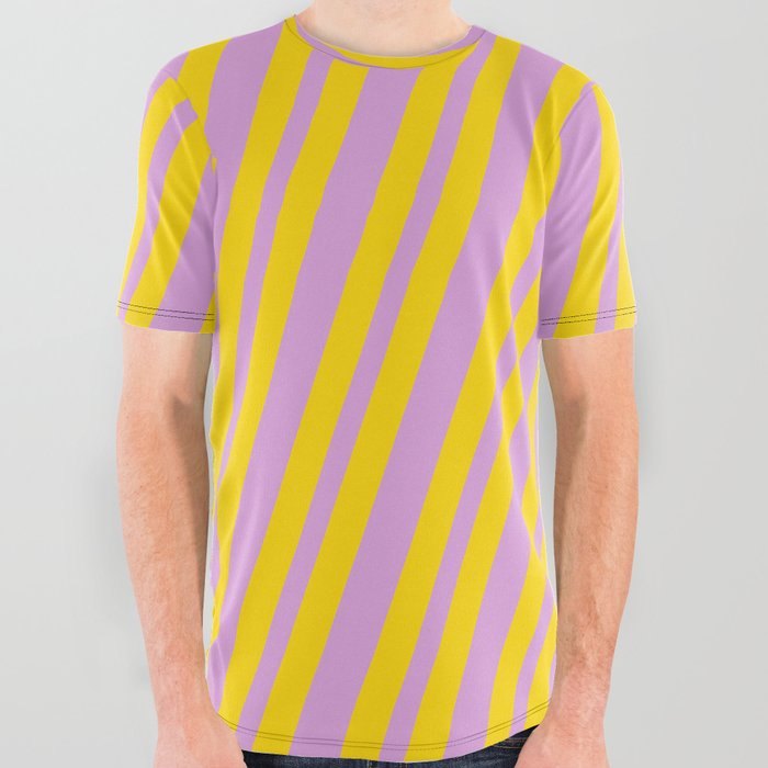 Plum & Yellow Colored Lined/Striped Pattern All Over Graphic Tee