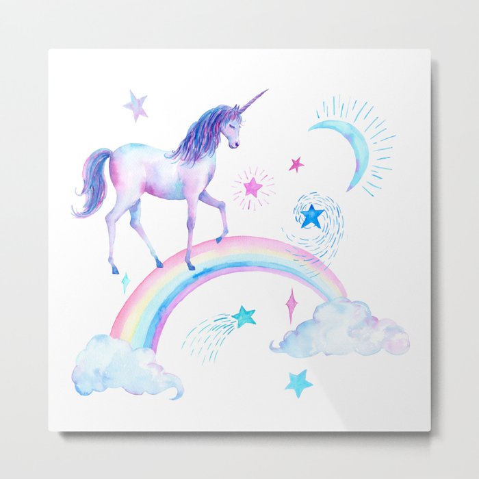Watercolor Over the Rainbow Unicorn Metal Print